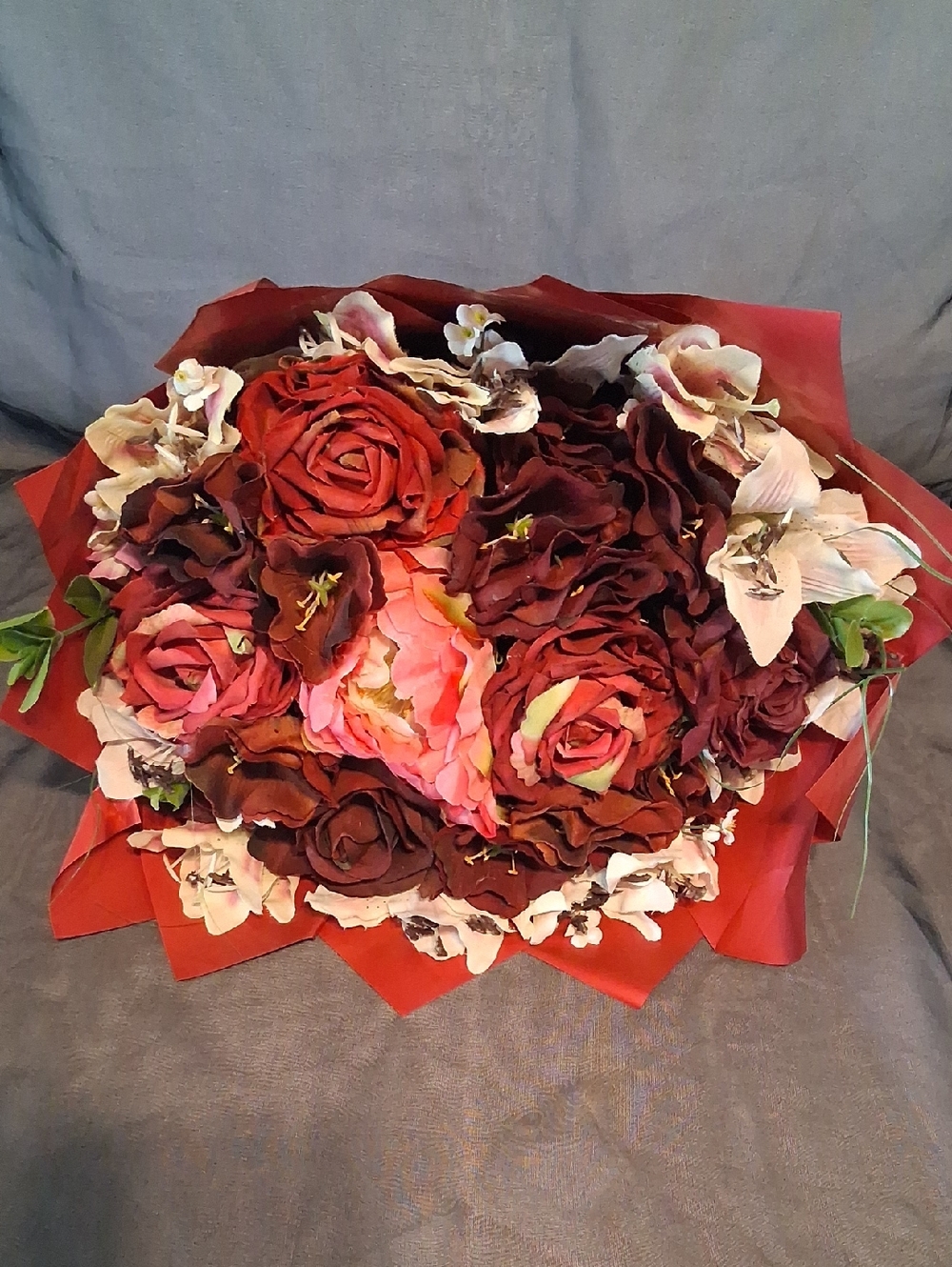 Faux Mixed Rose Bouquet in Deep Red and Pink